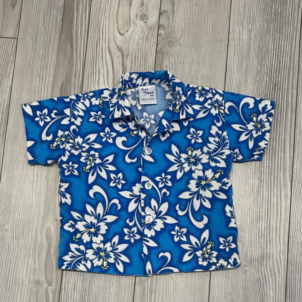Vintage Boys 18 Months Blue Floral Hawaiian Shirt Paper Tag Made In USA Preowned